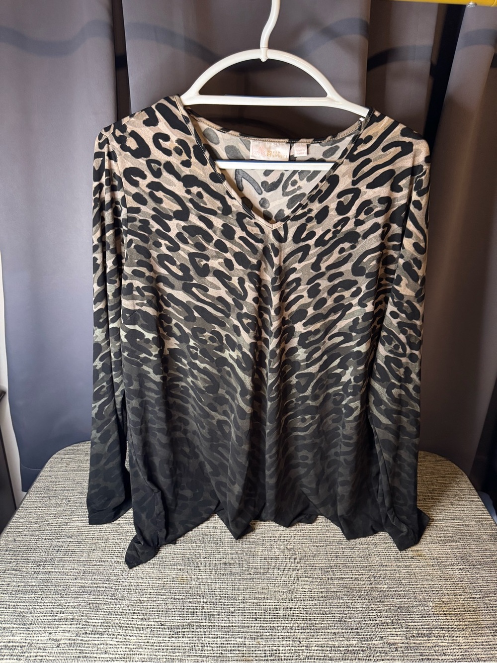 Belle by Kim Gravel Taupe and Black Leopard V-Neck Long Sleeve Top